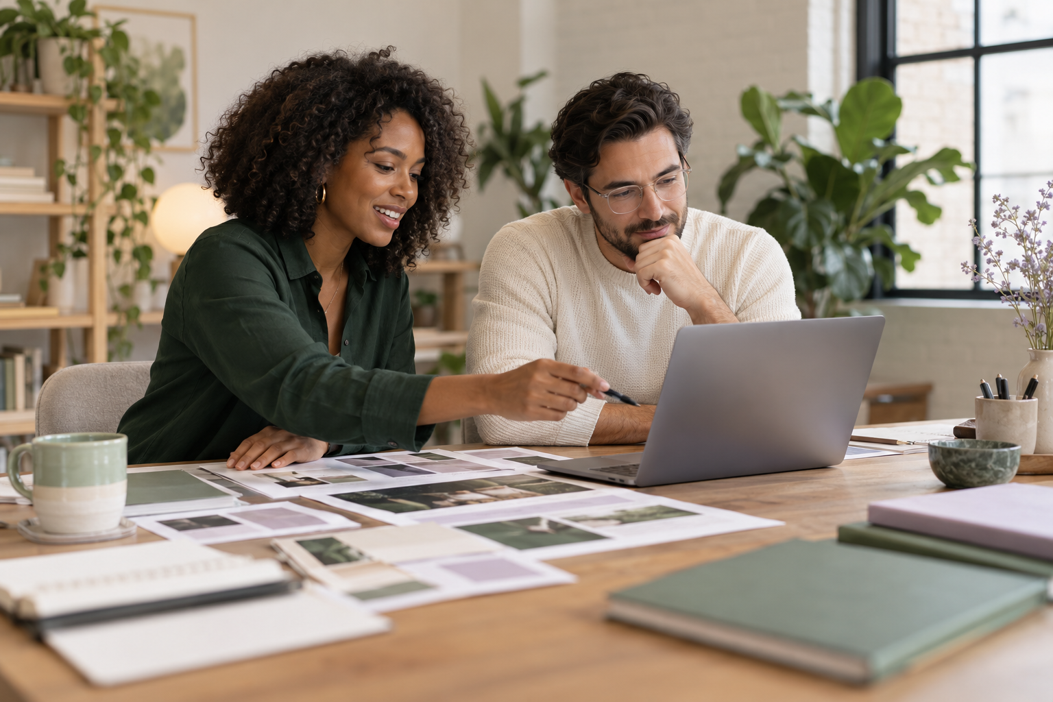 Illustrative studio photograph of two consultants collaborating on a website