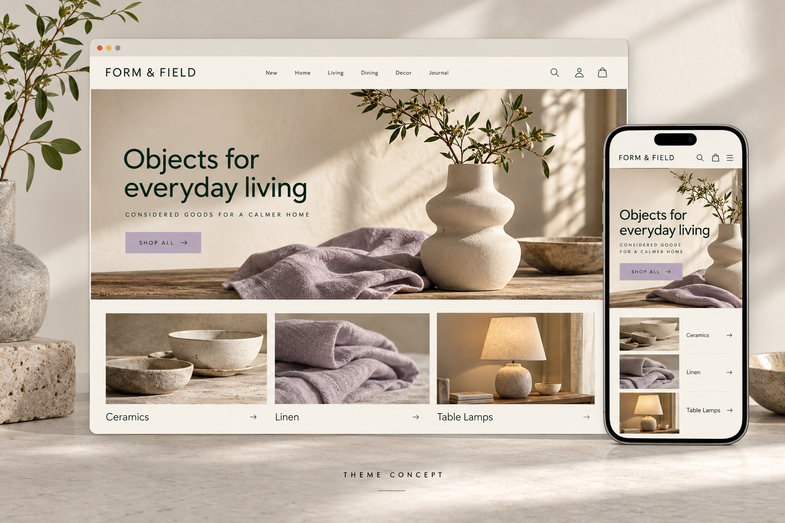 Fictional home goods theme concept with desktop and mobile storefronts